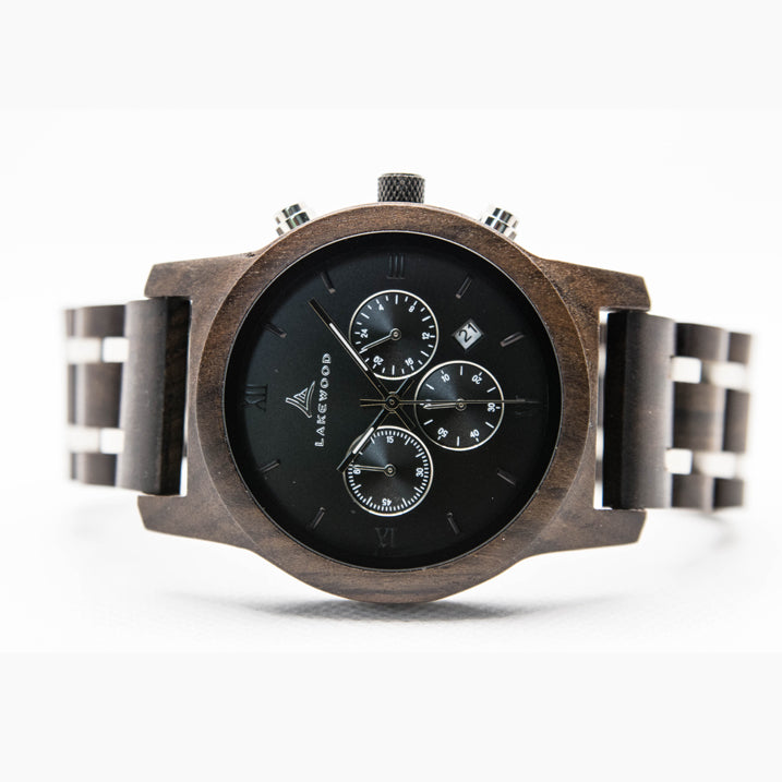 wood and steel chronograph watch with black face dial